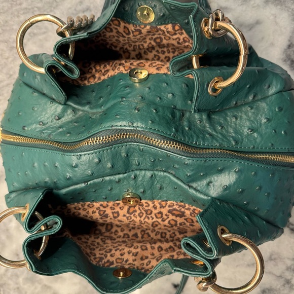 NWOT Isabella Adams Green and Gold Ostrich Designer Purse - Picture 7 of 16